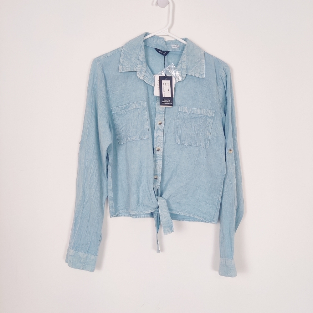 Sim & Sam Women's Button Down Jean Blouse in Blue Size Large Linen Cotton NEW